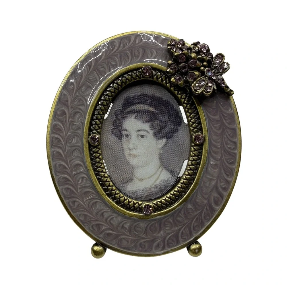 Two's Company Oval Picture Frame Purple Enamel Gold Tone Rhinestone Butterfly